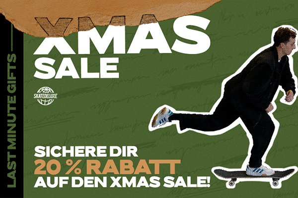 Promotional banner for skatedeluxe Christmas sale featuring a skateboarder in black outfit and white shoes on a green background with bold white and orange text offering 20% discount.