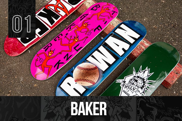 Four Baker skateboard decks with bold graphics, including pink, red, blue, and green designs, arranged on asphalt, highlighting best-selling skateboard decks 2025.