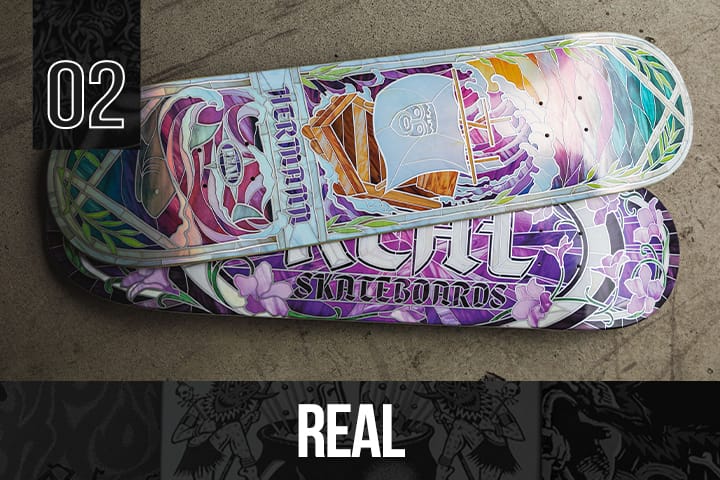 Real Skateboards best-selling decks for 2025, showing detailed, colorful artwork and bold branding, side by side on a grey background.