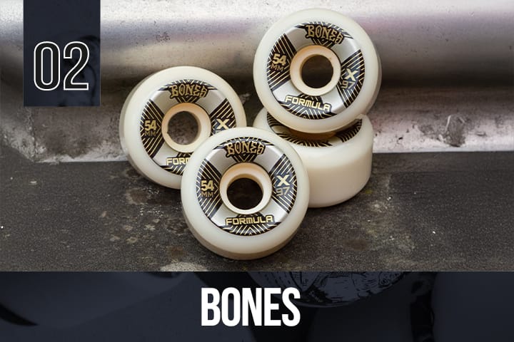 Bones Formula skateboard wheels, 54mm size, featuring gold and black design details, arranged in a product showcase setting.