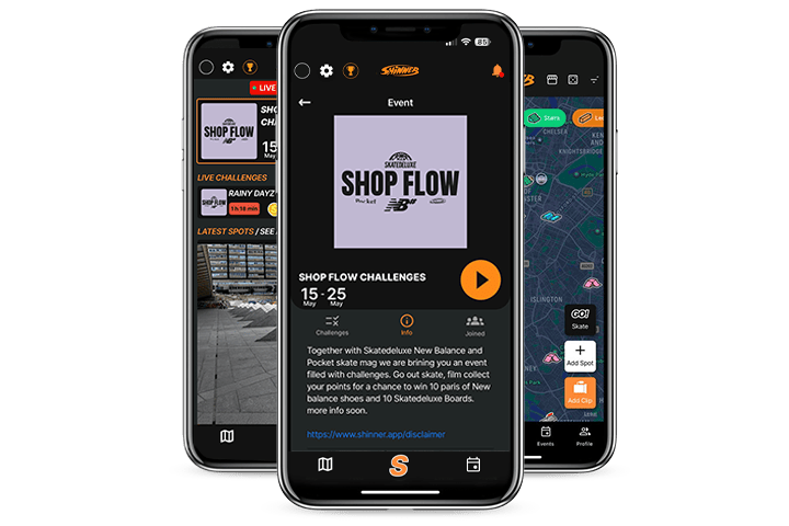 Drei Smartphone-Screens nebeneinander, in der Mitte die skatedeluxe Shop Flow Challenge mit „SHOP FLOW“-Header, links eine Feed-Ansicht und rechts die Kartenansicht der Shinner Skate-App.