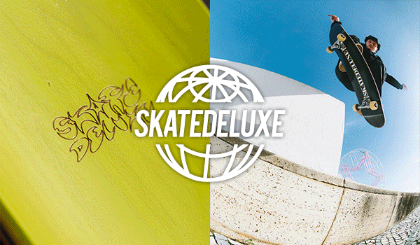 A gif featuring the new skatedeluxe fall/winter 25 hardgoods. One slide shows a black skatedeluxe board being set up and a red and yellow skateboard deck next to it, while the other shows a detailed view of a yellow top layer with skatedeluxe branding and a skater doing a wallie with a black skatedeluxe board.
