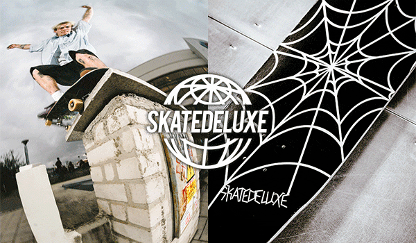 Animiertes GIF mit zwei wechselnden Bildmotiven: Links ein Skater beim Backside Nosegrind auf einem Betonledge, rechts ein Close-up eines schwarzen skatedeluxe Decks mit wei&szlig;em Spinnennetz-Graphic sowie ein schlichtes schwarzes skatedeluxe Deck mit einem Skater beim Wallie off a Ledge.