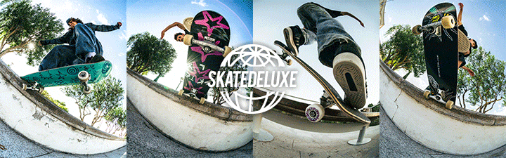 Breites skatedeluxe-Hardgoods-Banner mit vier Skateboard-Aufnahmen von Skateboardern bei Tricks an Betonrampen im Skatepark und wei&szlig;em skatedeluxe-Logo in der Mitte.