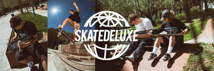 Animiertes skatedeluxe-Banner mit drei Skateboardern im sonnigen Skatepark und großem weißen skatedeluxe-Globuslogo zentriert über den Bildern.