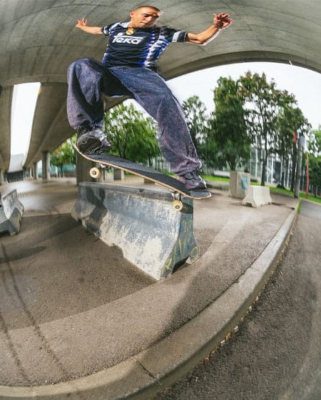 Skateboarder in blue and white striped jersey performs a nollie 180 switch crooked on a concrete ledge under a Vienna bridge.