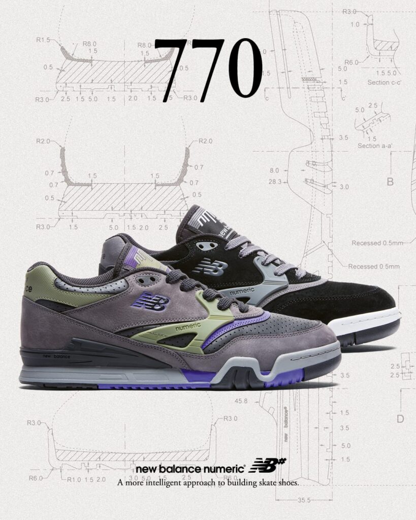 Side view of two New Balance Numeric 770 skate shoes in grey/olive/lilac and black/grey/white, placed against a background with technical shoe drawings and the number 770, for skateboarding enthusiasts