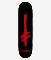 Deathwish Gang Spray CC 8" Skateboard-Deck, Ansicht von unten – komplett schwarzes Deck mit einer vertikalen roten Sprühstrich-Grafik und dem roten „Deathwish“-Schriftzug nahe dem Tail. Klares Studiobild; weißer Hintergrund.