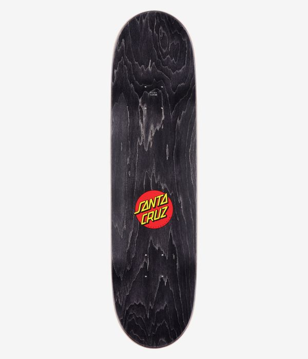 Santa Cruz Screaming Hand 8,5"-Skateboard-Deck, Ansicht von oben: schwarz gebeizte Oberfläche in Holzoptik mit zentral platziertem rotem, kreisförmigem Santa Cruz-Logo und gelbem Schriftzug; klares Studiobild; weißer Hintergrund.