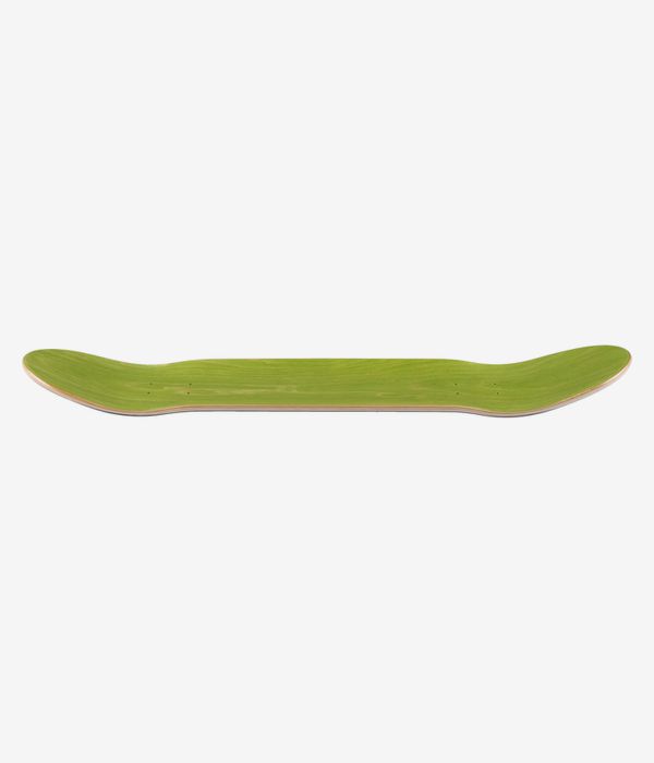 Jart Stay High Love Weed 8.5" skateboard deck, full-length profile view showing concave with upturned nose and tail; light green painted top surface with visible natural wood edge layers. Clean studio image; white background.