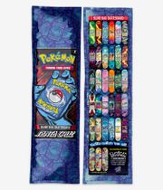 Santa Cruz x Pokémon TCG Blind Bag 8" Skateboard Deck, full bottom view showing predominantly blue printed underside with purple and multicolor small deck graphics, large Pokémon logo and text; clean studio image; white background