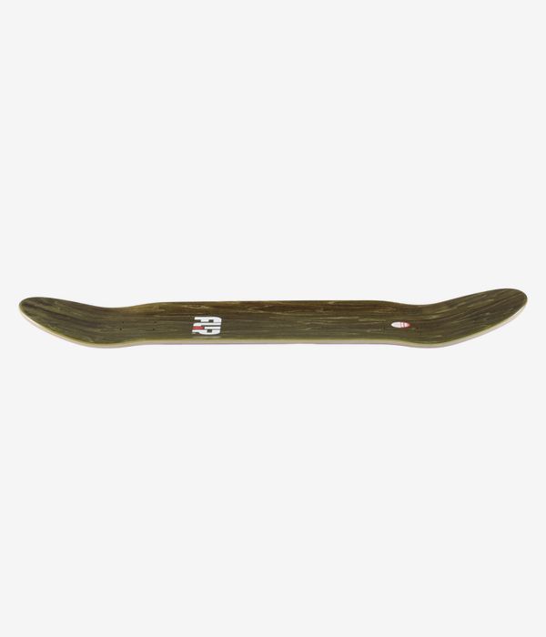 Flip Saari Explosion 8.5" Skateboard Deck full-length profile view showing concave with upturned nose and tail, natural wood grain finish with green edges and small white logo accent. Clean studio image; white background.