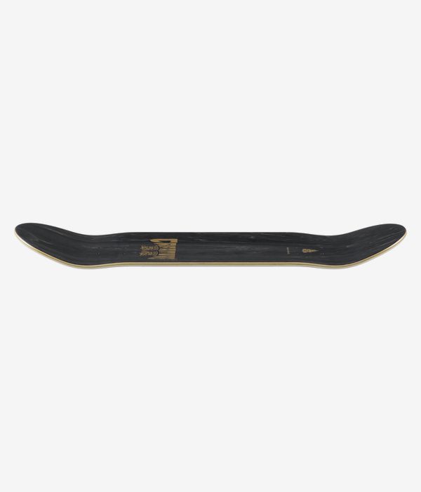 Creature Heshking Twin 8,5"-Skateboard-Deck, Profilansicht in voller Länge, die die Konkavität mit nach oben gebogener Nose und Tail zeigt; schwarze Oberseite mit sichtbaren Naturholzkanten. Klares Studiofoto; weißer Hintergrund.