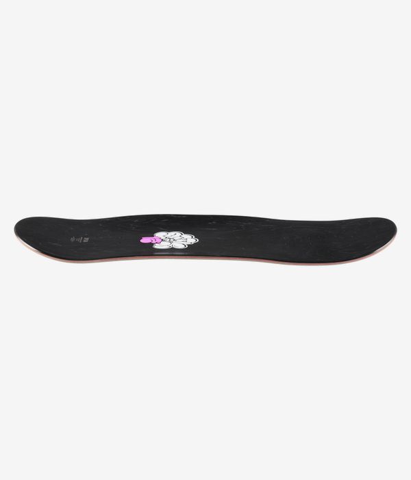 Opera Fatties Torn Spike 12" skateboard deck, full-length profile view showing concave with upturned nose and tail; black deck surface with small central pink-and-white graphic and visible wood veneer edge. Clean studio image; white background.