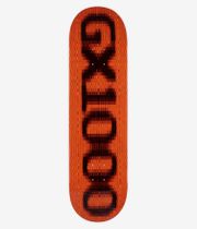 GX1000 OG Logo Blur 8.625" Skateboard Deck full bottom view: bright orange underside with large blurred vertical black logo blocks centered along deck length, truck mounting holes visible; clean studio image; white background.