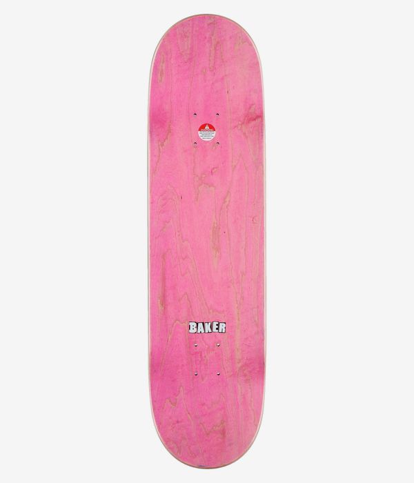 Baker T-Funk Pleasure Island 8.5" Skateboard Deck, full top view: solid pink dyed surface with visible wood-grain texture, small white Baker wordmark near center and tiny circular sticker; clean studio image, white background.