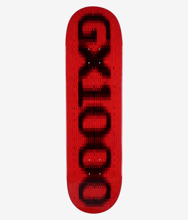Planche de skateboard GX1000 OG Logo Blur 8,75 pouces, vue de dessous complète — planche rouge vif arborant un grand motif vertical noir flou ressemblant à un logo, centré sur la longueur ; trous de fixation visibles. Image studio nette ; fond blanc.
