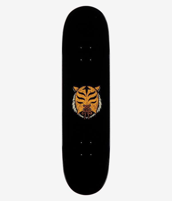 Jart Ginwoo Mask 8.25" Skateboard Deck, full top view: solid black deck with small centered illustrated gold-and-white tiger-like mask graphic with black stripes and brown details. Clean studio image; white background.