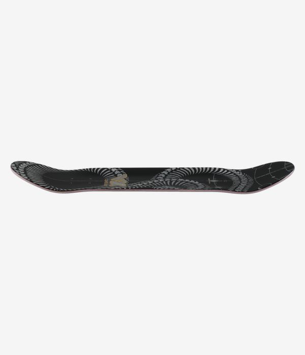 Planche de skateboard Santa Cruz McCoy Snakes VX de 8,25 pouces : vue de profil sur toute la longueur montrant le concave, le nez et le talon relevés ; planche principalement noire rehaussée d'une fine bordure rose. Image studio nette ; fond blanc.