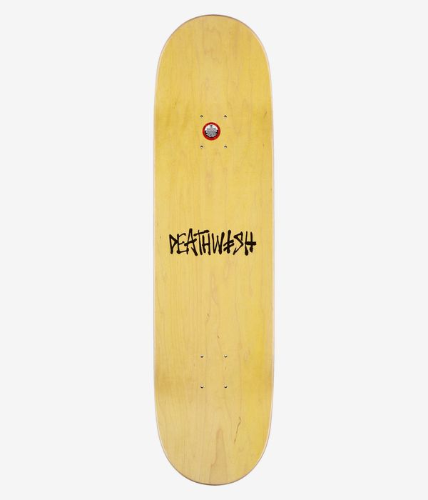 Deathwish Ellington Pool Reaper 8.25" Skateboard Deck, full top view: beige natural wood-grain deck with centered black stylized "Deathwish" wordmark and small red circular sticker near top. Clean studio image; white background.