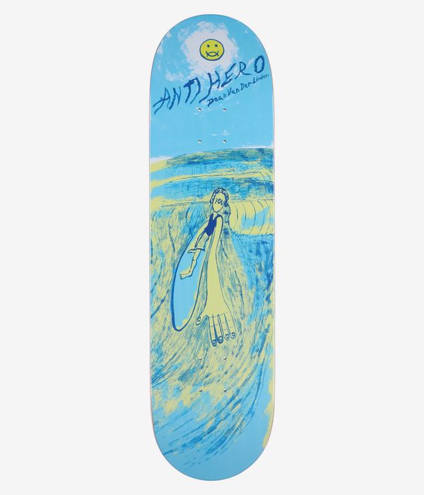 Anti Hero Daan Expressions 8.28" Skateboard Deck, full bottom view: light blue deck with illustrated whimsical blue-and-yellow waves, stylized human with surfboard and a yellow sun above hand-lettered 'Anti Hero'; clean studio image; white background