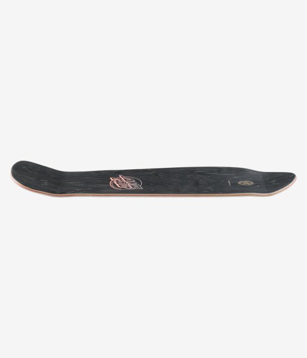 Planche de skateboard Santa Cruz O'Brien Reaper Reissue 9,85 pouces, vue de profil en noir, vue pleine longueur montrant le concave avec le nose et le tail relevés, les bords en contreplaqué apparents et un petit logo rose ; image studio nette ; fond blanc