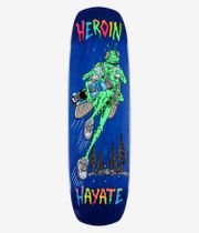 Heroin Skateboards Hayate Bug 8.88" Skateboard Deck, full bottom view: solid deep blue deck with central cartoon green insect-like character wearing sneakers, holding a skateboard and drink, black tree silhouettes and multicolored dripping “HEROIN”/“HAYATE” text. Clean Studio image; white background.