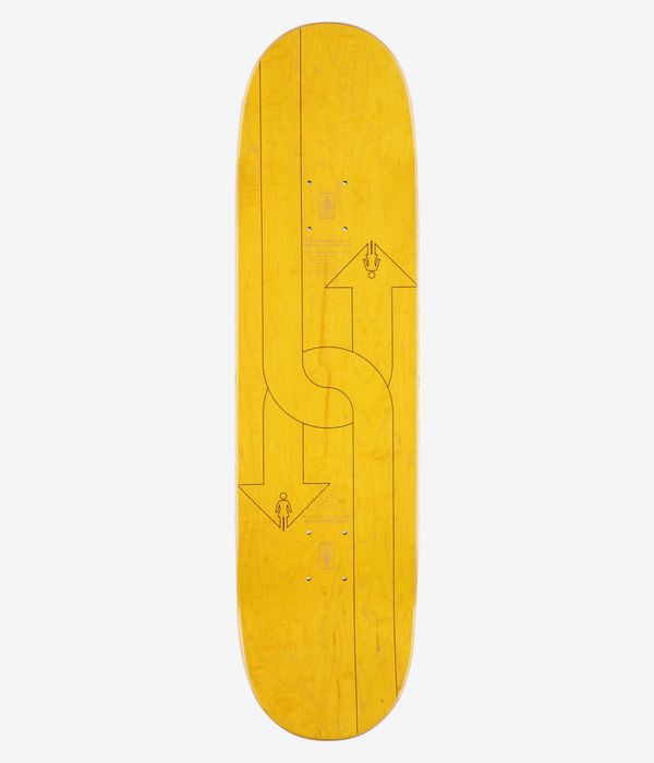 Planche de skateboard Girl Malto Dual Directional Twin Tip 8,3", vue de dessus complète : planche jaune vif unie ornée de flèches opposées soulignées d'un fin trait noir et de petites icônes représentant des bonhommes allumettes le long de l'axe central ; image épurée prise en studio, sur fond blanc.