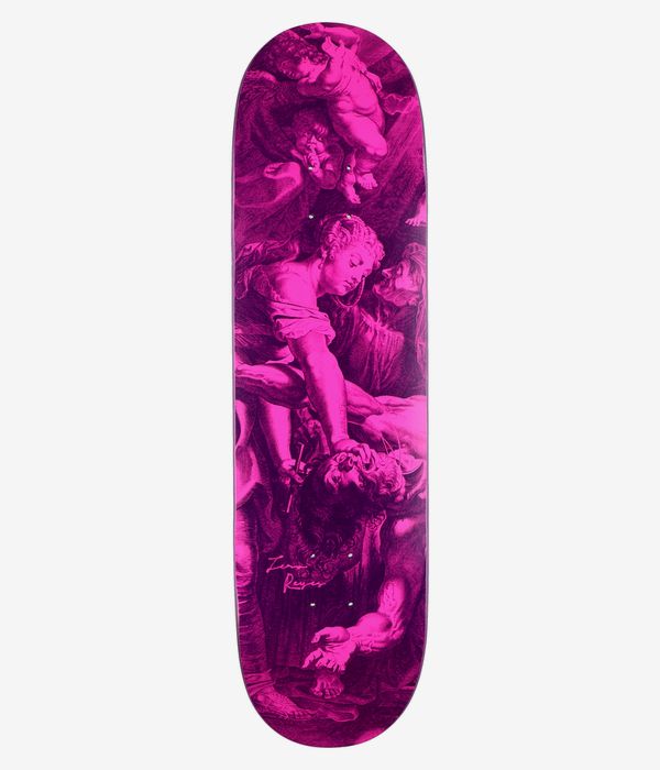 Zero Reyes Renaissance 8,5-Zoll-Skateboard-Deck, Ansicht von unten: leuchtend pinkes Deck mit schwarzer, im Gravurstil gestalteter Renaissance-Illustration von Cherubim, Gesichtern und Händen; der Schriftzug „Reyes“ ist zu erkennen. Klare Studioaufnahme; weißer Hintergrund.