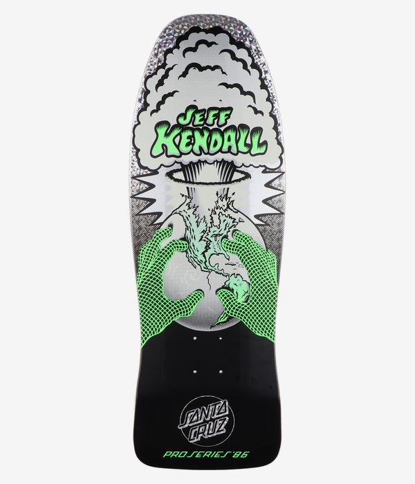 Santa Cruz Kendall End Of The World Reissue 10" Skateboard Deck full bottom view: black base with neon green grid-pattern hands holding a globe, mushroom-cloud explosion and text 'Jeff Kendall', Santa Cruz logo, clean studio image; white background.