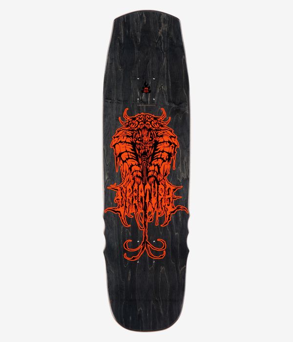 Planche de skateboard Creature Hitz Cobra Pro 9", vue de dessus complète : planche noire à motif bois, ornée d'un grand motif central représentant un crâne/monstre orange vif en train de couler, avec le logo « Creature » intégré. Image studio nette ; fond blanc.