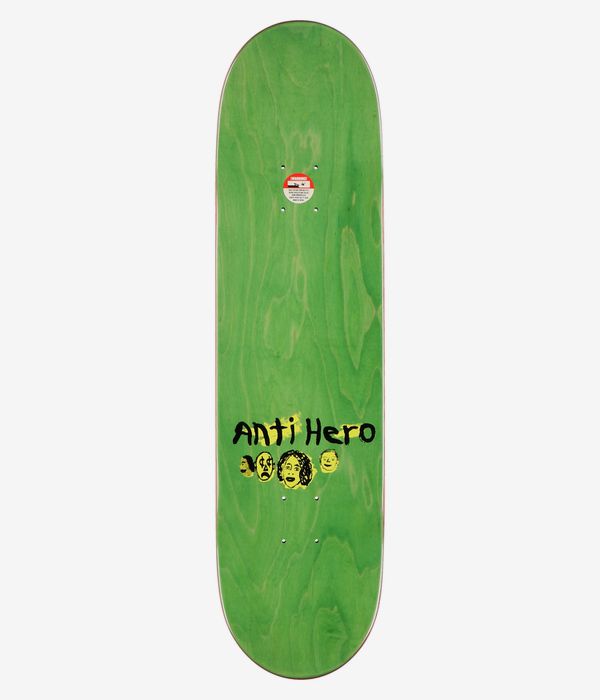 Anti Hero Daan Expressions 8.28" Skateboard Deck, full top view: green stained wood-grain deck with centered black "Anti Hero" wordmark and grouped yellow-and-black cartoon face icons near lower third. Clean Studio image; white background.