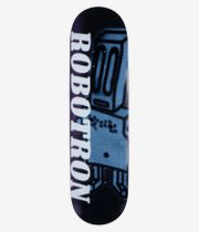 Robotron Blurry Robo 8.5" Skateboard Deck, full bottom view — black deck with large blue robot graphic, bold white vertical 'Robotron' lettering at left; clean studio image; white background.