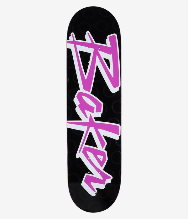 Planche de skateboard Baker Reynolds « Purple Pain » de 8,25 pouces, vue de dessous : planche noire ornée d'un grand lettrage rose de style graffiti, souligné de blanc, au centre de la planche ; image épurée prise en studio ; fond blanc.