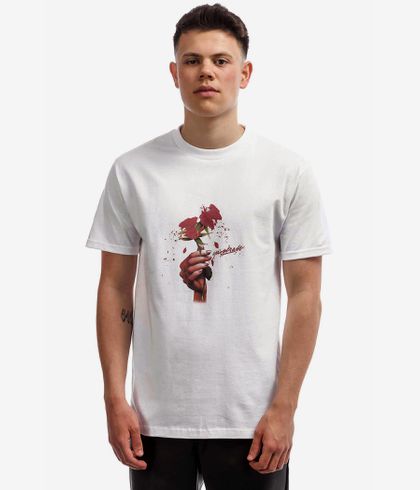 white shirt with red roses