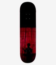 RASSVET | PACCBET Austyn Gilette 8,25"-Skateboard-Deck, Ansicht von unten: schwarze obere Hälfte mit rotem Rasterhintergrund und schwarzer Silhouette im Fotostil, kleiner Schriftzug „Austyn Gilette“ und „Rassvet“; klares Studiobild; weißer Hintergrund.