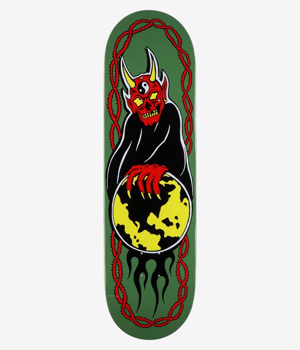 Baker T-Funk World Control 8.75" Skateboard Deck, full bottom view: solid green background with bold cartoon red horned demon holding a yellow moon/planet, black robe and red rope border; clean studio image; white background