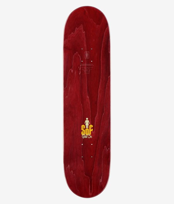 Girl Geering Skull Of Fame 8,125" Skateboard-Deck, Ansicht von oben: burgunderrote Oberfläche in Holzoptik mit kleinem gelbem „Girl“-Logo in der Mitte; einfarbiger, studioweißer Hintergrund.
