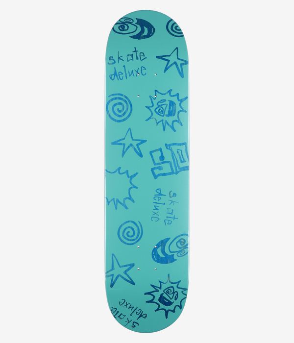 Planche de skateboard skatedeluxe Tonal Twin Tail 8,75 pouces, vue de dessous complète : face inférieure turquoise unie parsemée d'étoiles bleu foncé dessinées à la main, de spirales, de rayons de soleil et du texte « Skate Deluxe » écrit à la main. Image studio nette ; fond blanc.