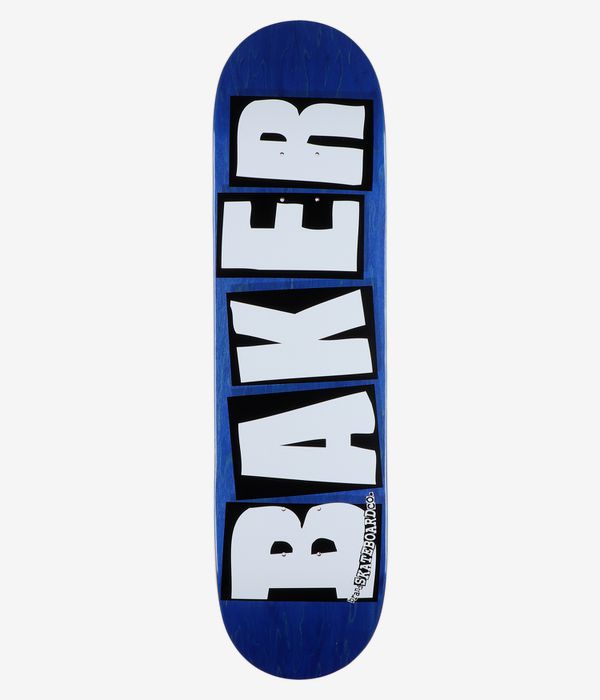 Logo de la marque Baker, planche de skateboard OG CC 8,125" : vue de dessous complète. Face inférieure de la planche teintée en bleu, avec un logo composé de lettres blanches verticales en gras, soulignées de noir, formant les mots « Baker » et « Skateboard Co. ». Image épurée prise en studio ; fond blanc.