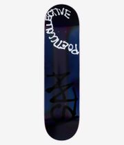Poetic Collective Aatsi Spray 8.25" Skateboard Deck full bottom view — black deck with iridescent purple-blue edge gradient, large white arched “Poetic Collective” text at nose and bold black graffiti script down center. Clean studio image; white background.