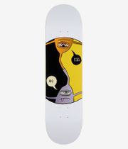 Planche de skateboard Toy Machine « Yes/No » 8,25 pouces, vue de dessous complète ; planche blanche avec un motif cartoon centré : des visages orange, jaunes et violets superposés, accompagnés de bulles de dialogue indiquant « YES » et « NO », fond noir à gauche ; image studio nette ; fond blanc