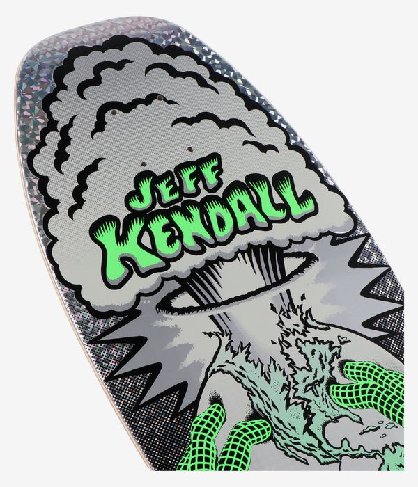 Santa Cruz Kendall End Of The World Reissue 10" skateboard deck, white deck surface with halftone cartoon mushroom-cloud explosion graphic, neon green "Jeff Kendall" text and green grid-pattern hands; cropped detail view. Clean Studio image; white background