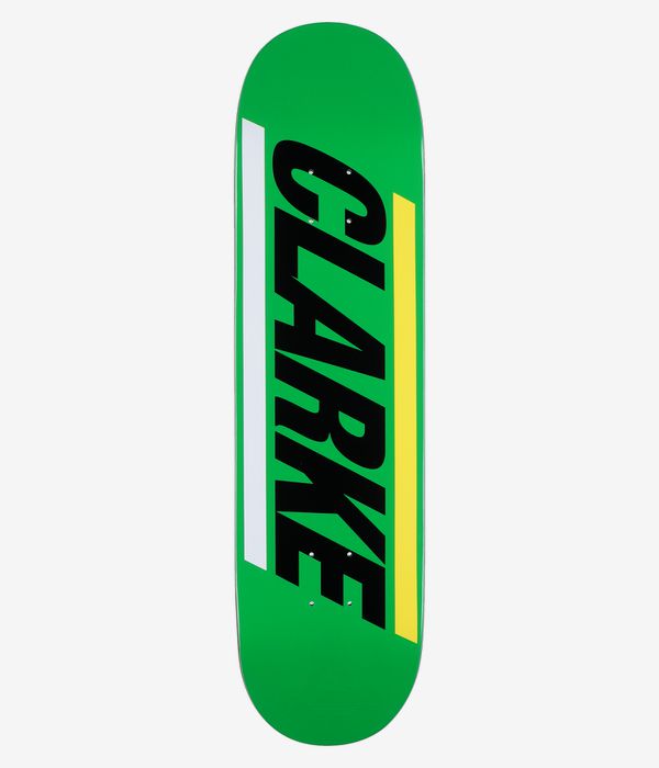 PALACE Lucien Pro S44 8.25" Skateboard Deck full bottom view — bright green underside with large black diagonal "PALACE" wordmark, flanked by vertical white and yellow bars; clean studio image; white background.