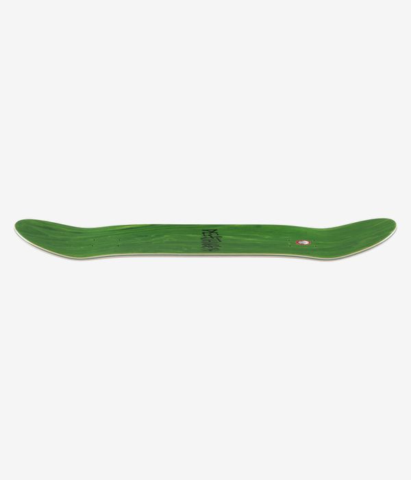 Deathwish Foy Loverboy 8.25" skateboard deck, full-length profile view showing concave with upturned nose and tail; deck surface predominantly green with small logo accents. Clean studio image; white background.