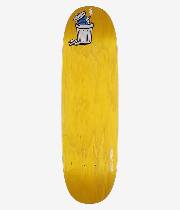 Planche de skateboard Polar Laurent « Trash Can Eyeball » 8,85 pouces, vue de dessous : planche jaune à motif bois avec, au centre, un motif de poubelle de style bande dessinée représentant une créature aux yeux bleus, une poubelle blanche et grise, des contours noirs et une petite touche de rouge ; inscription « Emile Laurent » sur le côté droit. Image studio nette ; fond blanc