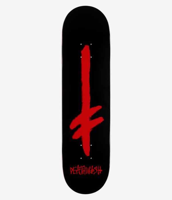 Deathwish Gang Spray CC 8" Skateboard-Deck, Ansicht von unten – komplett schwarzes Deck mit einer vertikalen roten Sprühstrich-Grafik und dem roten „Deathwish“-Schriftzug nahe dem Tail. Klares Studiobild; weißer Hintergrund.