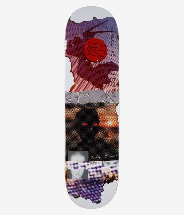 RASSVET | PACCBET Tolya Titaev 8.3" Skateboard Deck, full bottom view: white deck with colorful halftone collage—black silhouetted head with red eye, red circular emblem, purple and orange halftone areas, Tolya Titaev signature visible; clean studio image; white background.