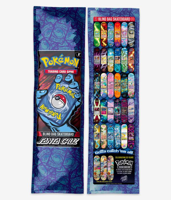 Santa Cruz x Pokémon TCG Blind Bag 8" Skateboard Deck, full bottom view showing predominantly blue printed underside with purple and multicolor small deck graphics, large Pokémon logo and text; clean studio image; white background