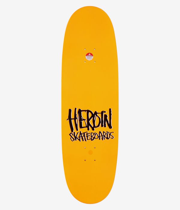 Heroin Skateboards Hills Have Eggs 9.5" Skateboard Deck — full top view: solid bright yellow deck with centered bold black hand-lettered 'Heroin Skateboards' stacked logo; clean studio image, white background.